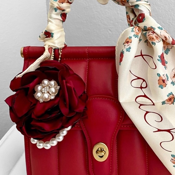 Red Satin Floral Pearl Bag Charm/Keychain - Picture 5 of 9